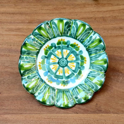 Flower Shape Footed Snack Dish 7" D Green Colors