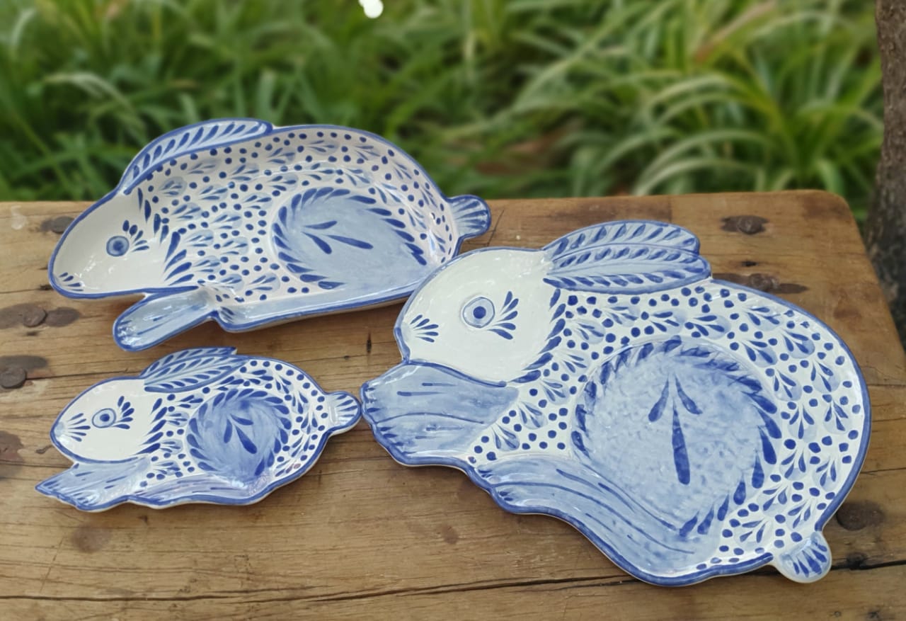Rabbit Dish Plate Set of 3 Pieces Blue and White